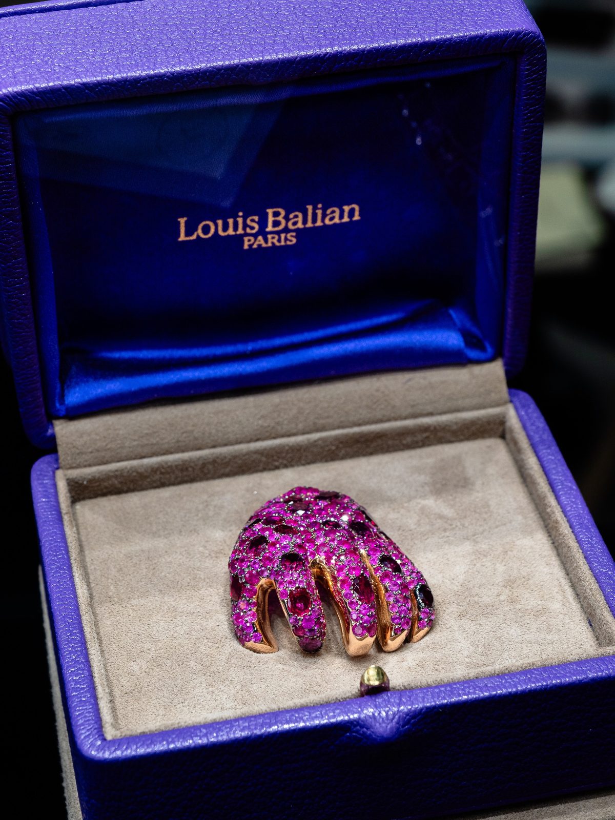 A ruby and gold brooch in a Louis Balian Paris box